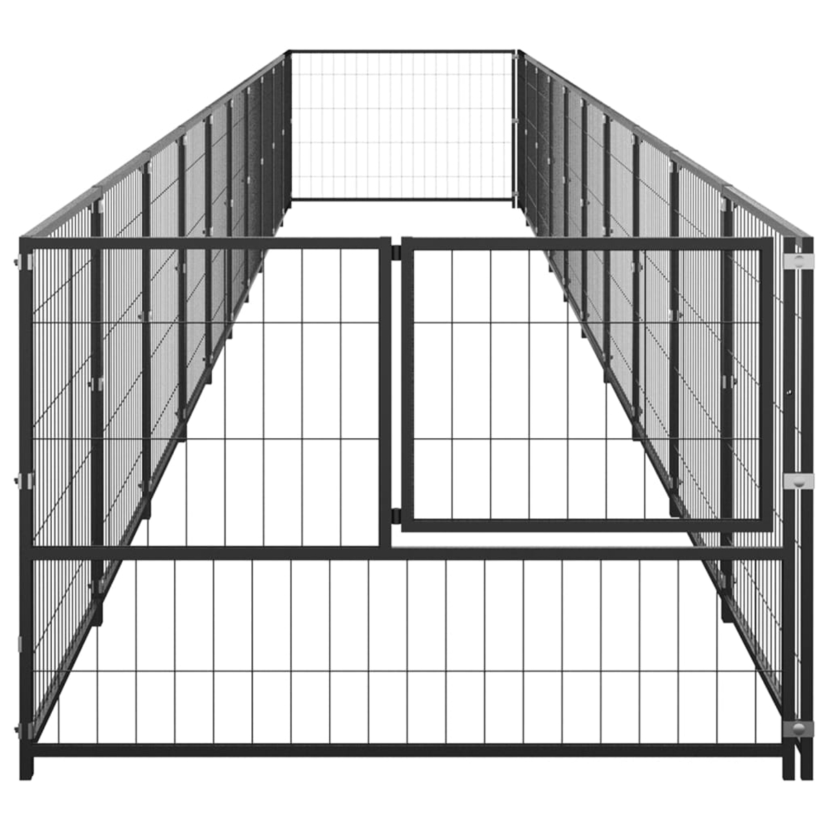Draufsicht auf einen schwarzen Metall-Hundezwinger, der aus Drahtgeflecht und Toren besteht. Der Zwinger hat eine rechteckige Form.