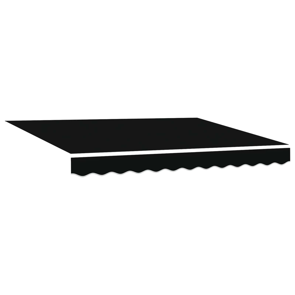 Una tenda da sole nera con bordo bianco e bordo smerlato è angolata verso il basso su sfondo bianco.