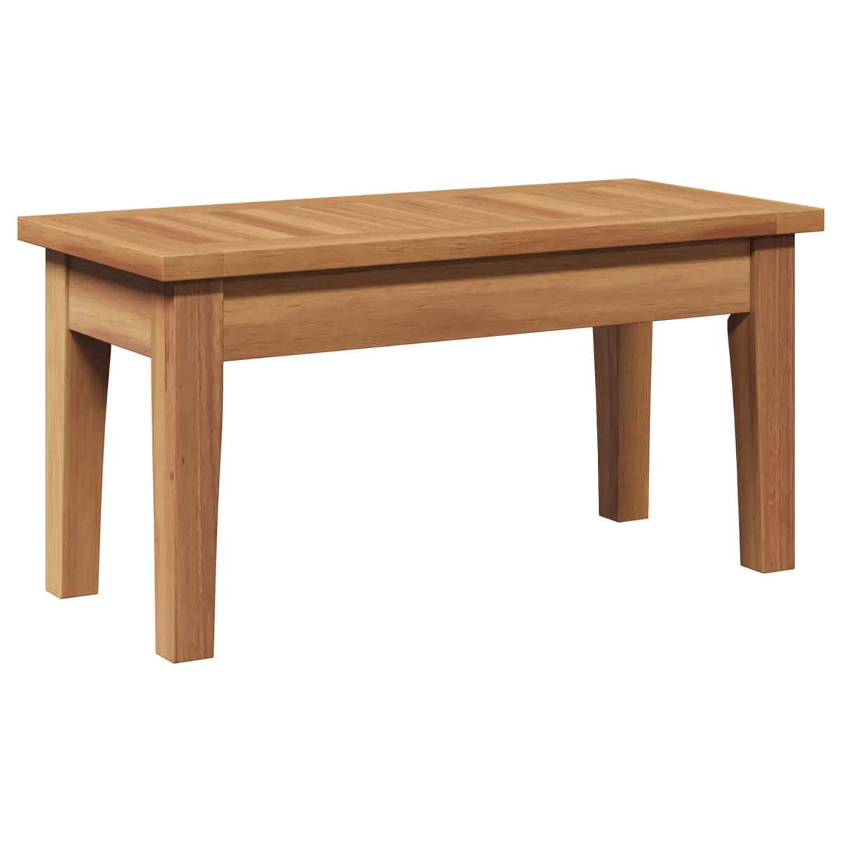 Eine Holzbank mit rechteckiger Oberseite und vier Beinen. Sie ist braun und scheint aus Holz zu sein. Der Hintergrund ist weiß.