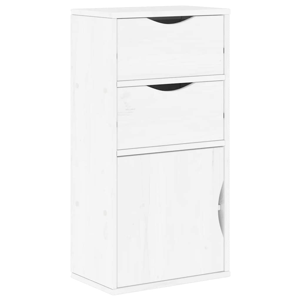 Ein weißer Schrank mit zwei Schubladen und einer Tür. Die Schubladen haben gebogene Griffe. Der Schrank steht vor weißem Hintergrund.