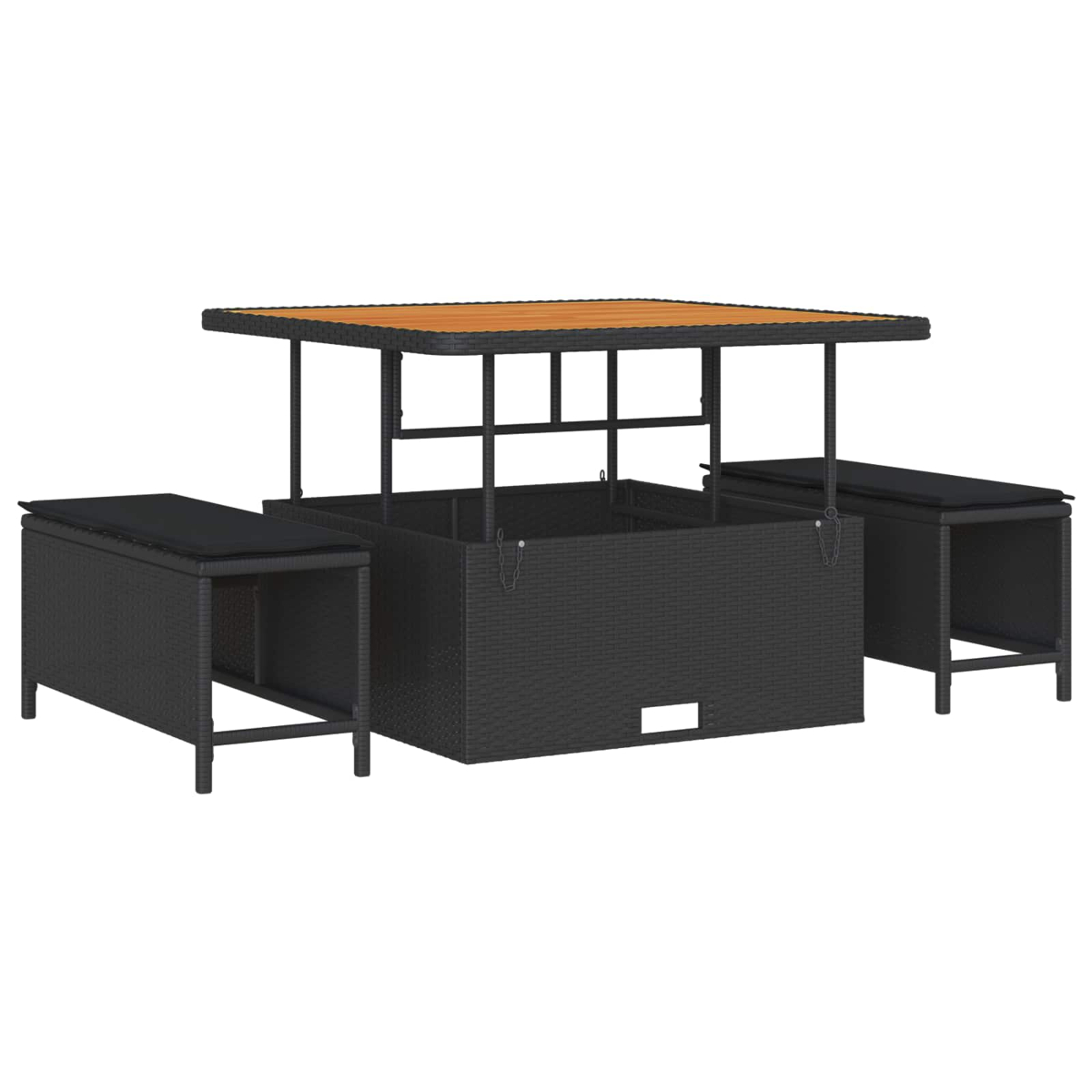 Un set di mobili da esterno in vimini nero con un tavolo con piano sollevabile e due panche, il tutto su sfondo bianco.