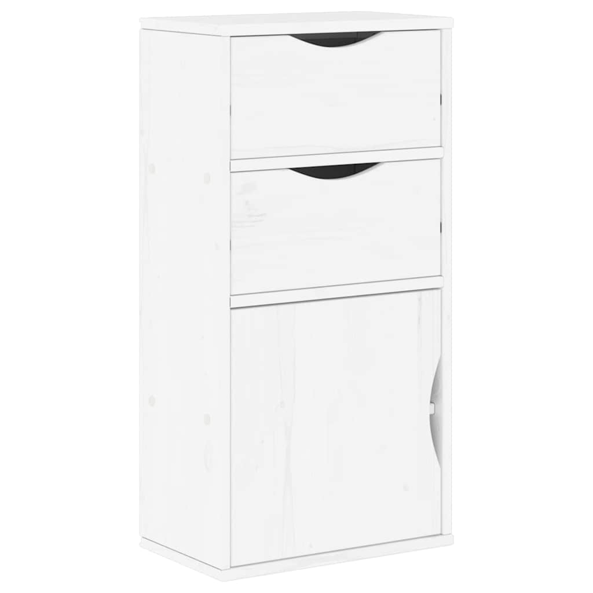 Ein weißer Schrank mit zwei Schubladen und einer Tür. Die Schubladen haben gebogene Griffe und die Tür hat einen vertikalen Griff.