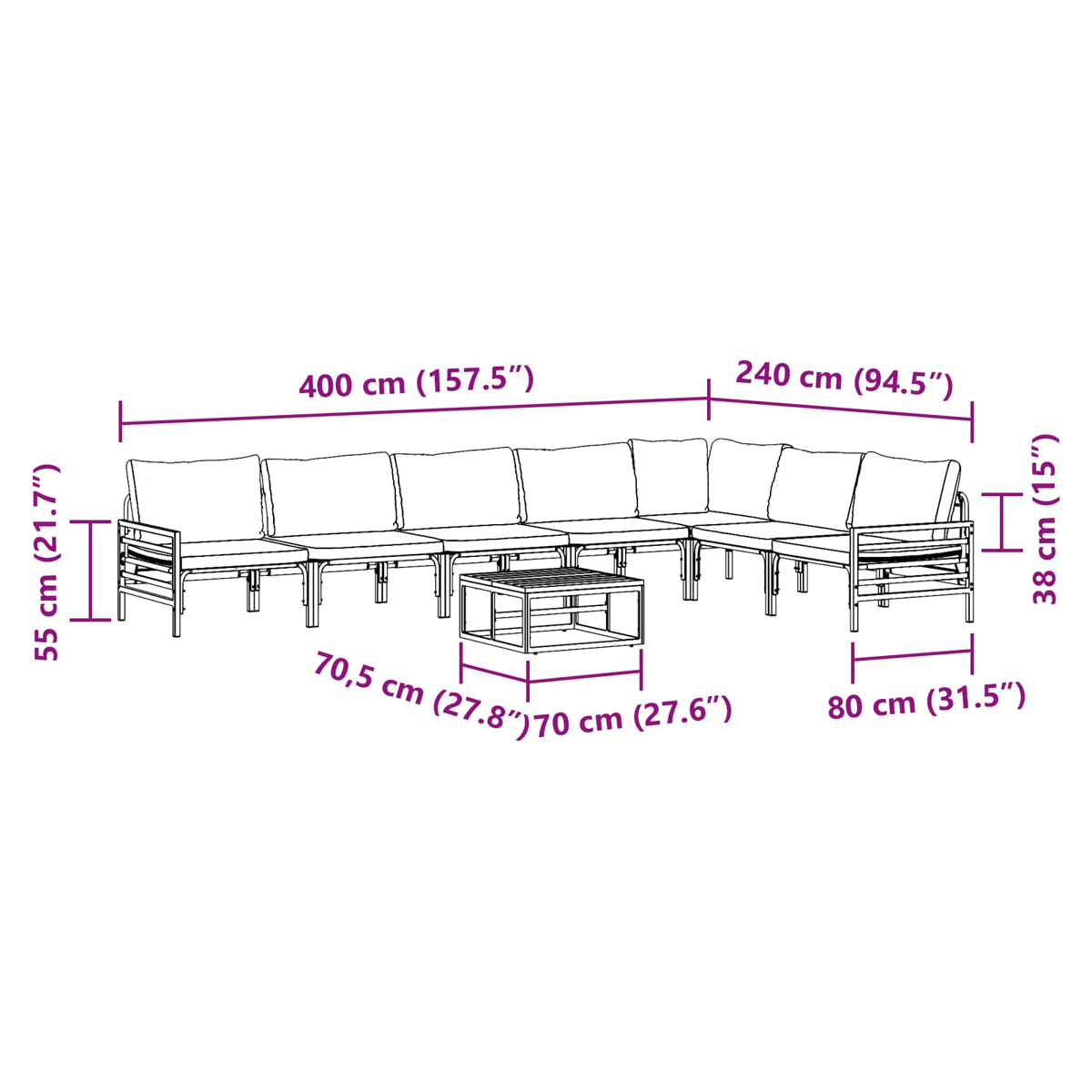 Ein Ecksofa mit Maßen. Inklusive Couchtisch. Die Maße sind in Zentimetern und Zoll angegeben.