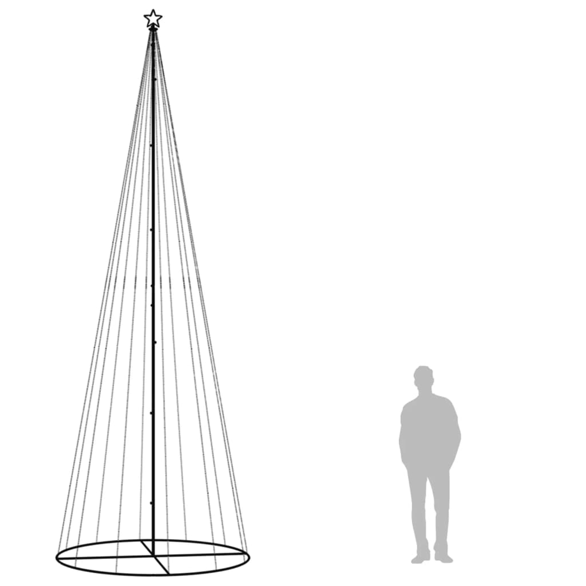 Ein Metall-Konus-Weihnachtsbaumrahmen mit einem Stern oben. Eine Silhouette einer Person steht daneben. Weißer Hintergrund.