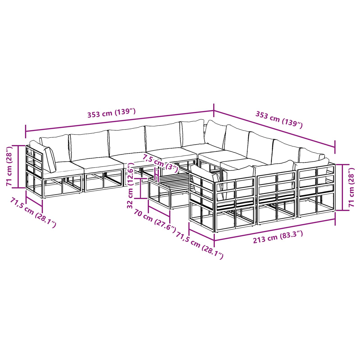 Diagramm eines Outdoor-Sofa-Sets mit Abmessungen in cm und Zoll. Beinhaltet Sofateile und einen kleinen Tisch.