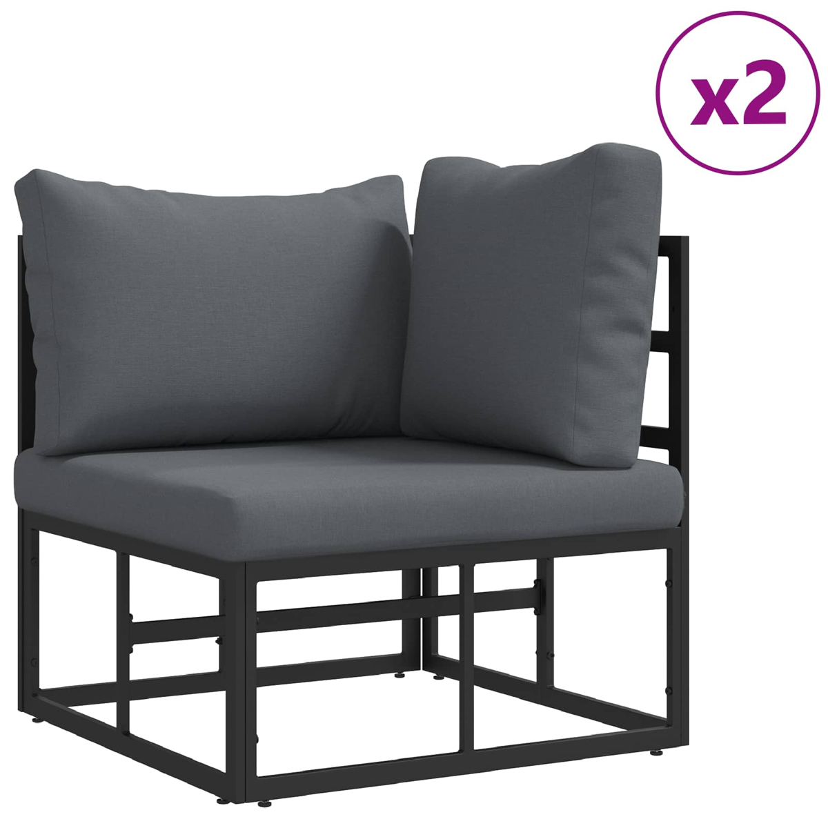 Ein graues Ecksofa mit zwei Kissen und einem schwarzen Metallrahmen. Das Bild zeigt zwei dieser Sofas.