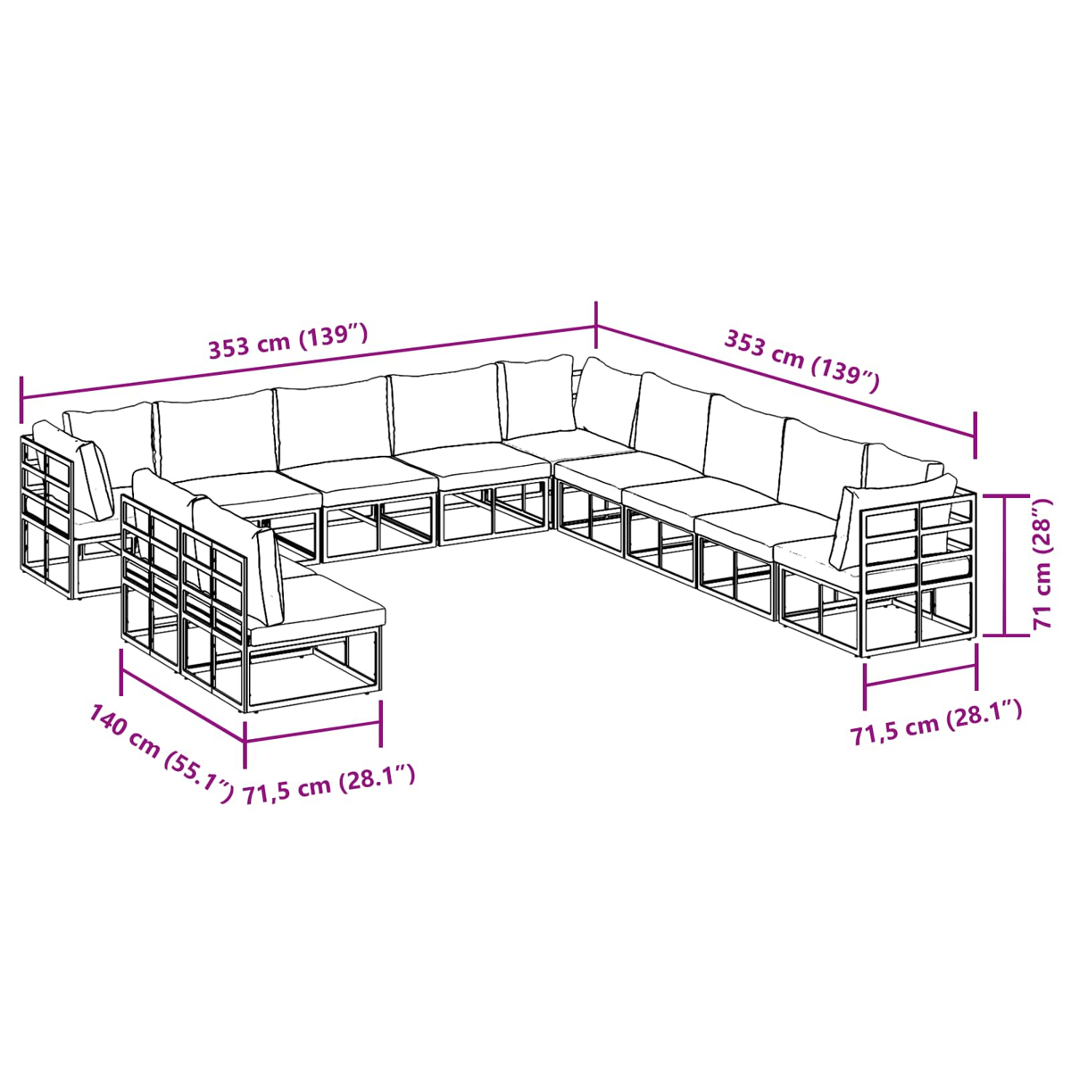 Ein U-förmiges Outdoor-Sofa mit Maßangaben. Kissen sind weiß, Rahmen ist Metall. Maße in cm und Zoll sind angegeben.