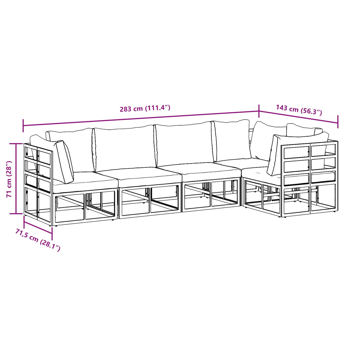Eine Illustration eines Ecksofas mit Maßangaben. Metallrahmen, weiße Kissen. Maße sind angegeben.