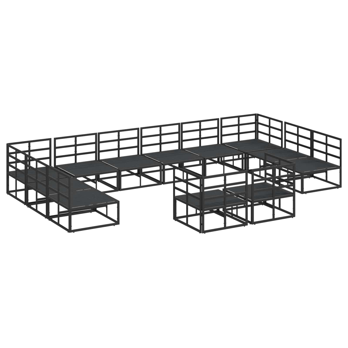 Isometrische Ansicht von modularen schwarzen Metallplattformen. Sie sind in einem offenen, unregelmäßigen Layout angeordnet.