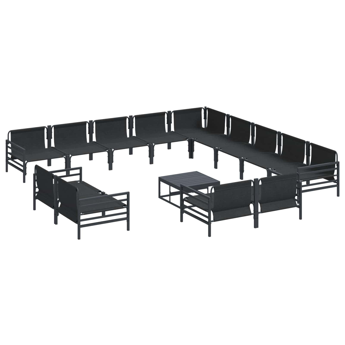 Ein Outdoor-Möbelset mit mehreren schwarzen Stühlen und einem Tisch, angeordnet in quadratischer Form, isoliert auf Weiß.
