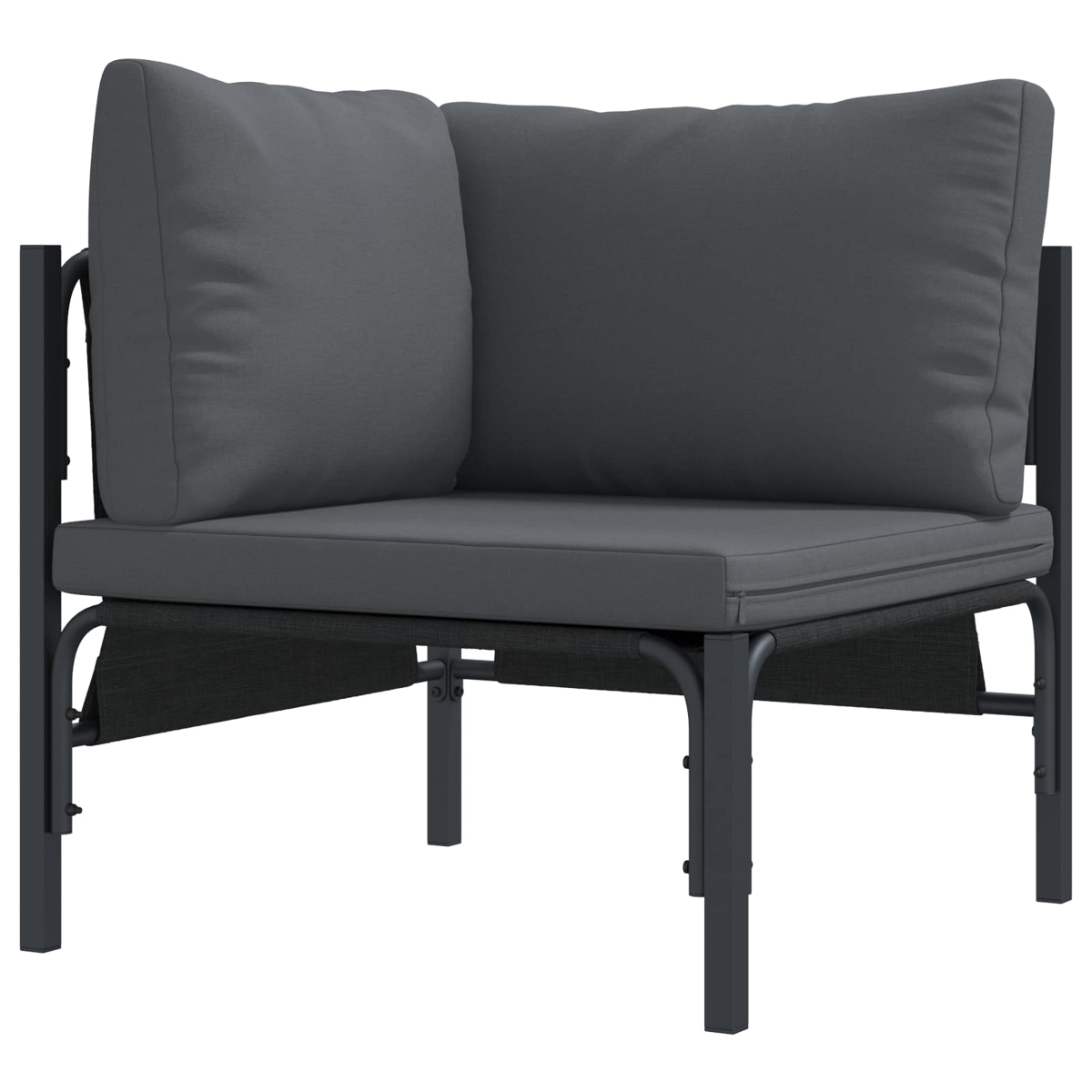 Graues Ecksofa für draußen. Es hat zwei Kissen und ein Metallgestell.