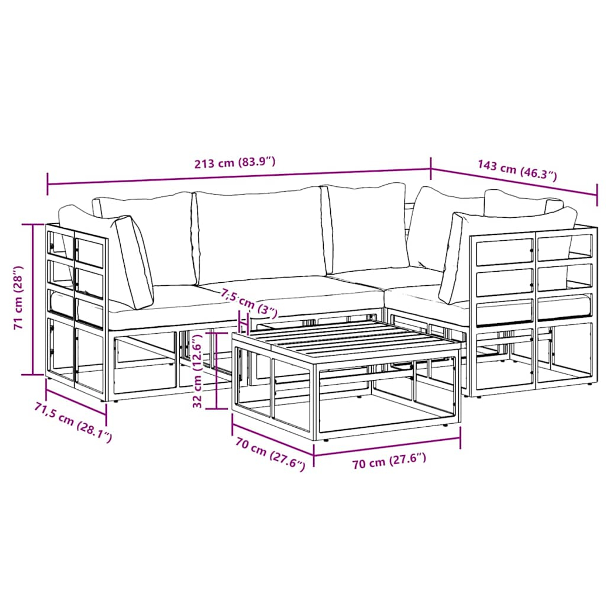 Draufsicht auf ein Ecksofa und einen Couchtisch mit Maßangaben. Das Sofa ist weiß, der Rahmen ist aus Metall.