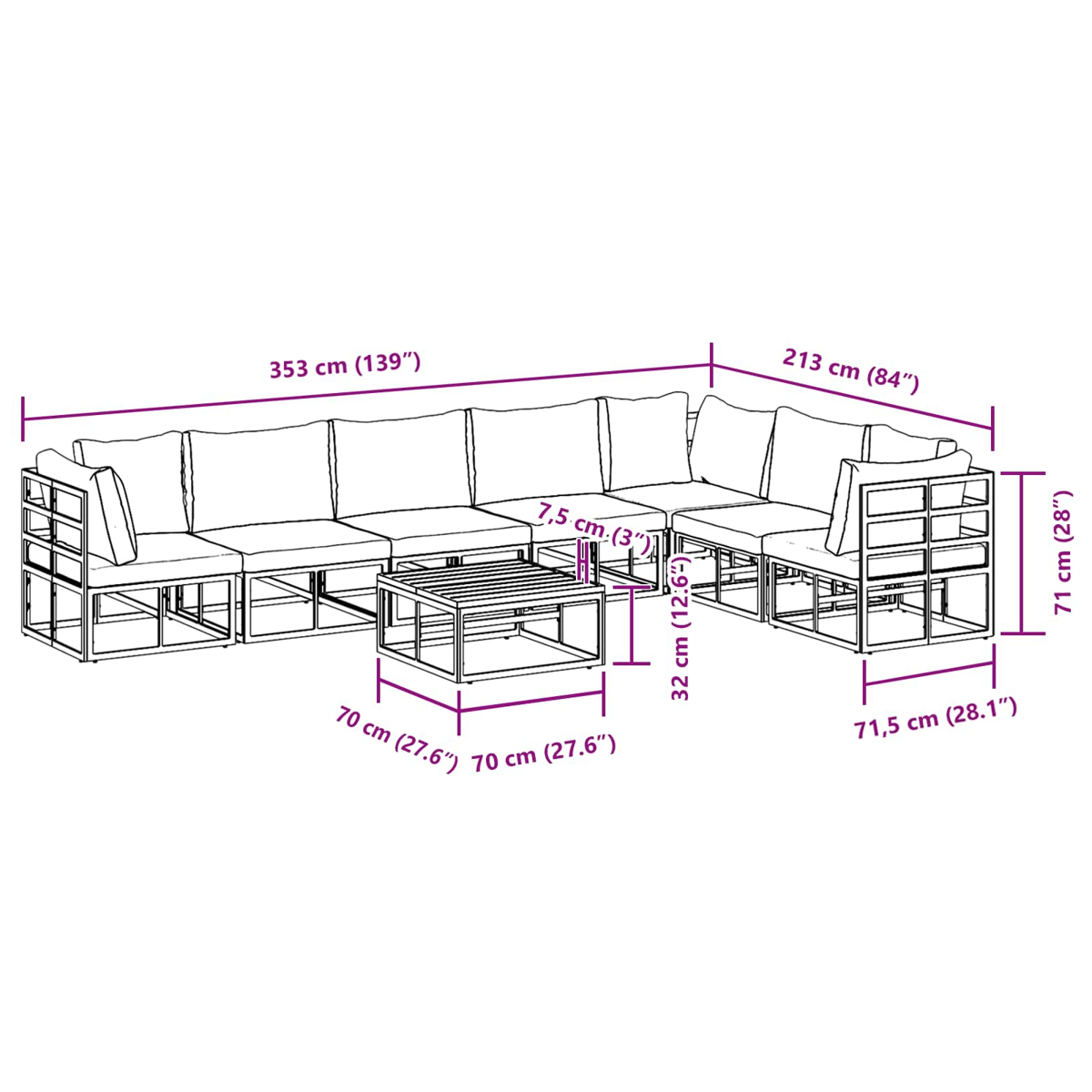 Ein Ecksofa für den Außenbereich mit Couchtisch, Abmessungen in cm und Zoll angegeben. Das Sofa ist beige mit Metallrahmen.