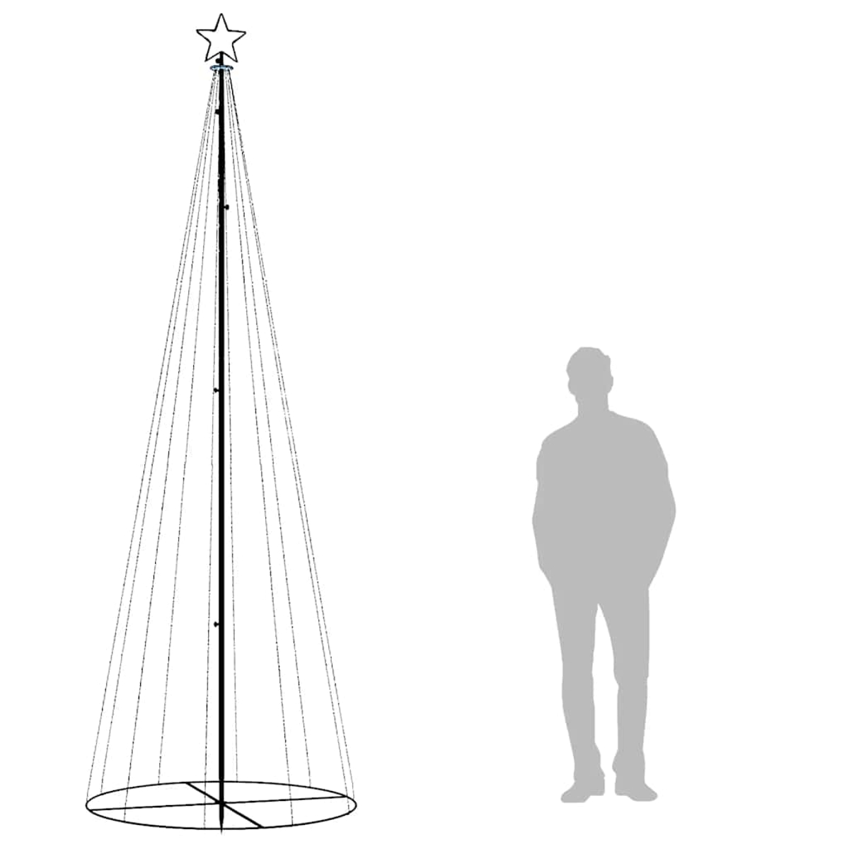 Ein Metall-Weihnachtsbaumrahmen mit Stern oben, daneben steht eine Personensilhouette auf weißem Hintergrund.