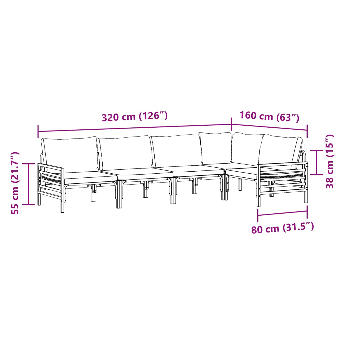 Diagramm eines L-förmigen Outdoor-Sofas mit Abmessungen in cm und Zoll. Zeigt Längen-, Breiten- und Höhenmaße.