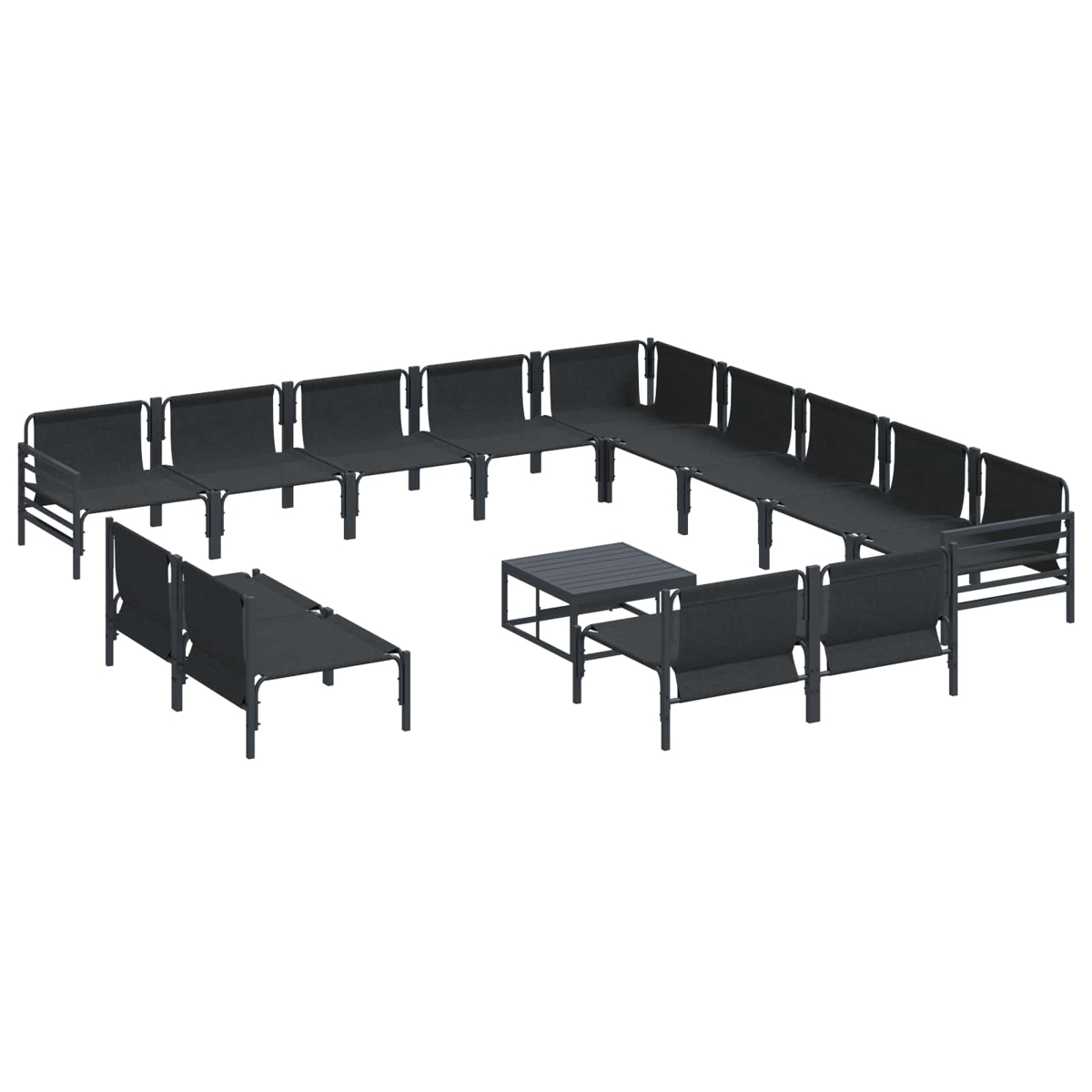Un conjunto de muebles de exterior, que incluye varias tumbonas grises oscuras, una mesa cuadrada y bancos, todo sobre fondo blanco.