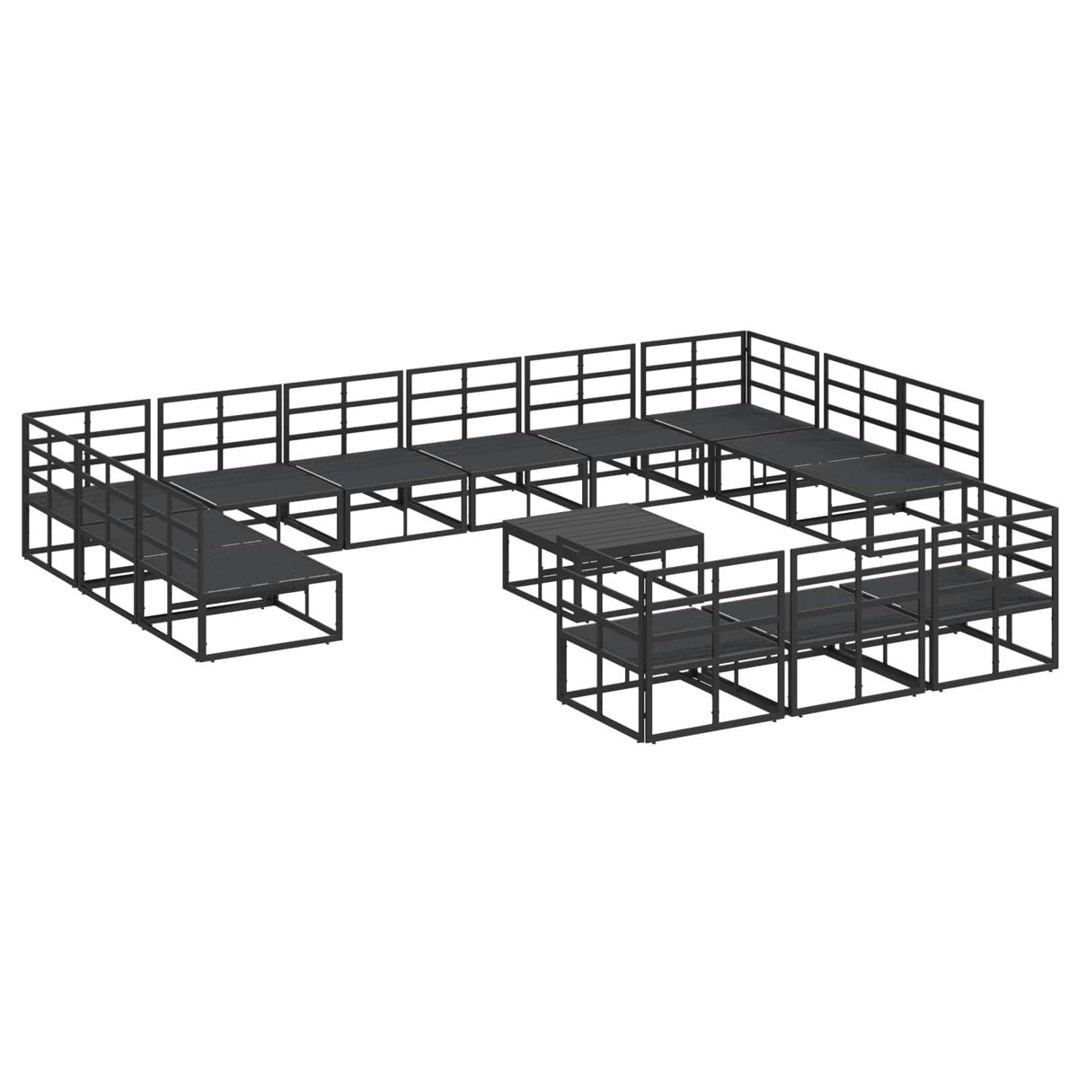 Vista isometrica di un set di mobili modulari per esterni, telai in metallo nero con piattaforme grigio scuro, disposti in una formazione aperta.