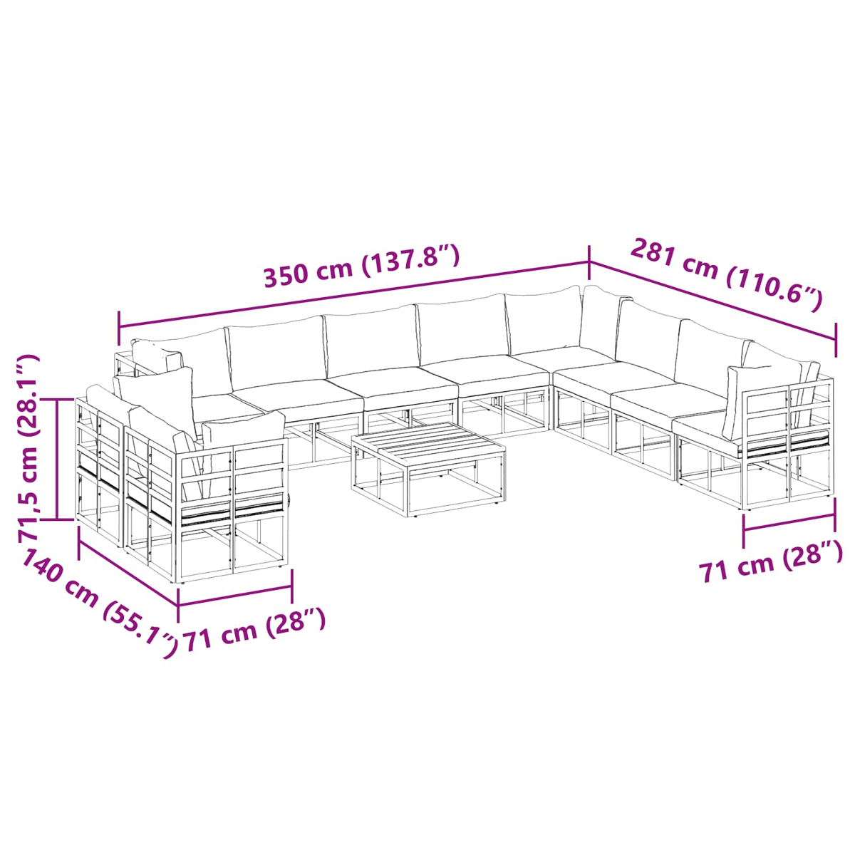 Un divano componibile da esterno e un tavolino con dimensioni indicate in centimetri e pollici.