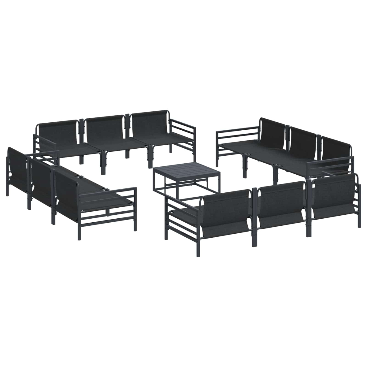 Ein Set schwarzer Gartenmöbel, darunter Sofas und ein Tisch, in einem Kreis auf weißem Hintergrund angeordnet.