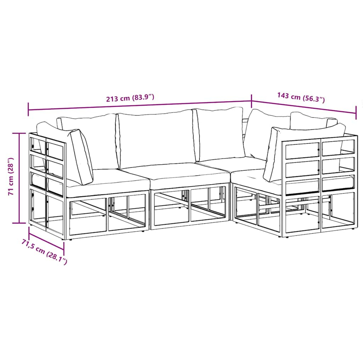 Ein L-förmiges Outdoor-Sofa mit weißen Kissen, einem Metallrahmen und Maßangaben. Das Sofa befindet sich auf weißem Hintergrund.