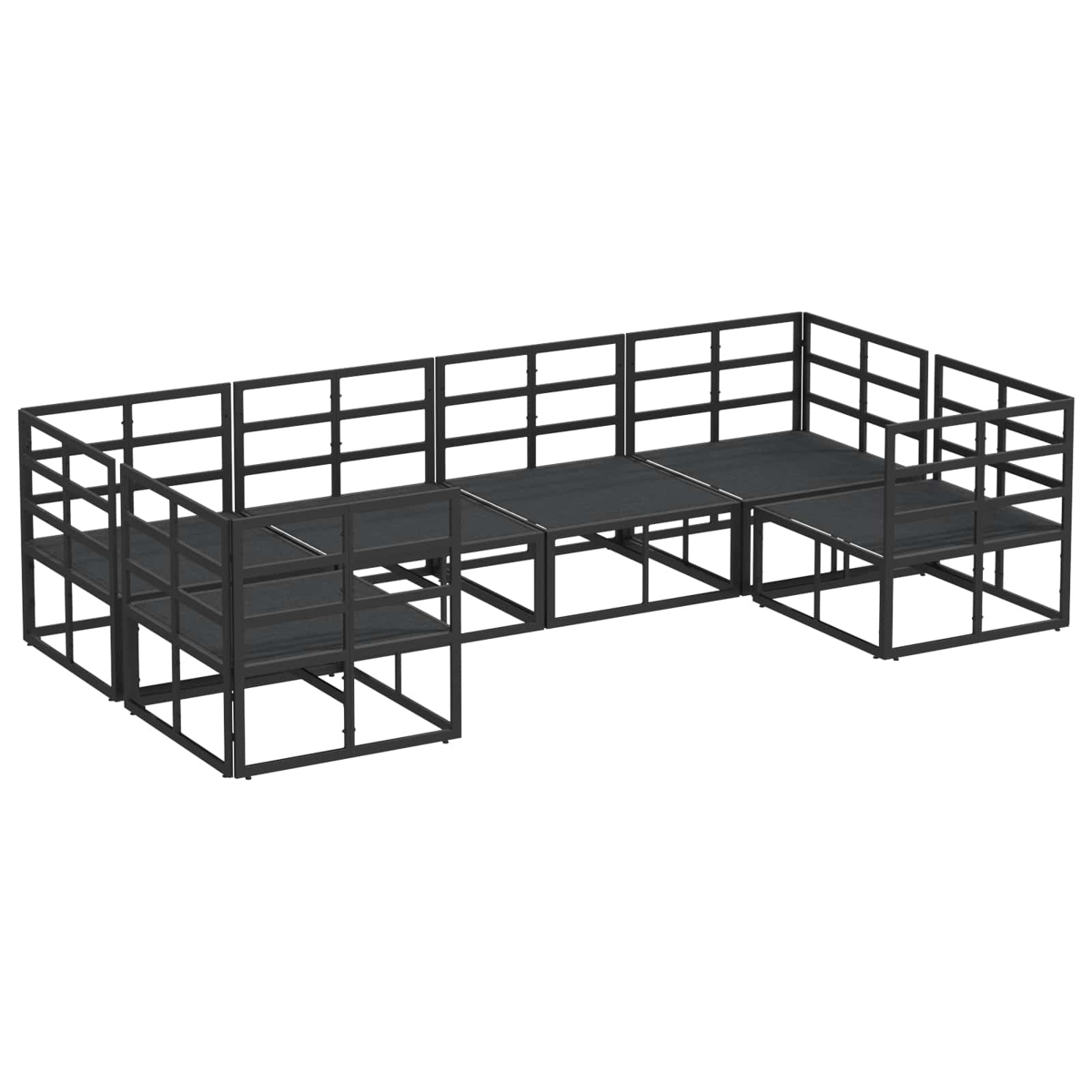 Ein modularer, schwarzer Metallbühnenaufbau. Es hat mehrere Ebenen und Plattformen mit Geländern, die in einer eckigen Konfiguration angeordnet sind.