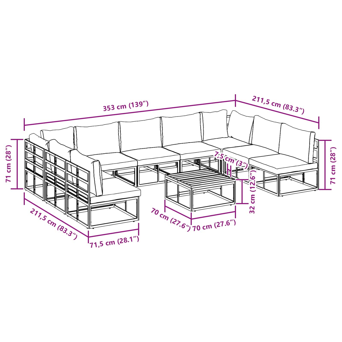Ein Outdoor-Ecksofa und ein quadratischer Couchtisch sind mit Maßen dargestellt. Das Sofa besteht aus mehreren Teilen.