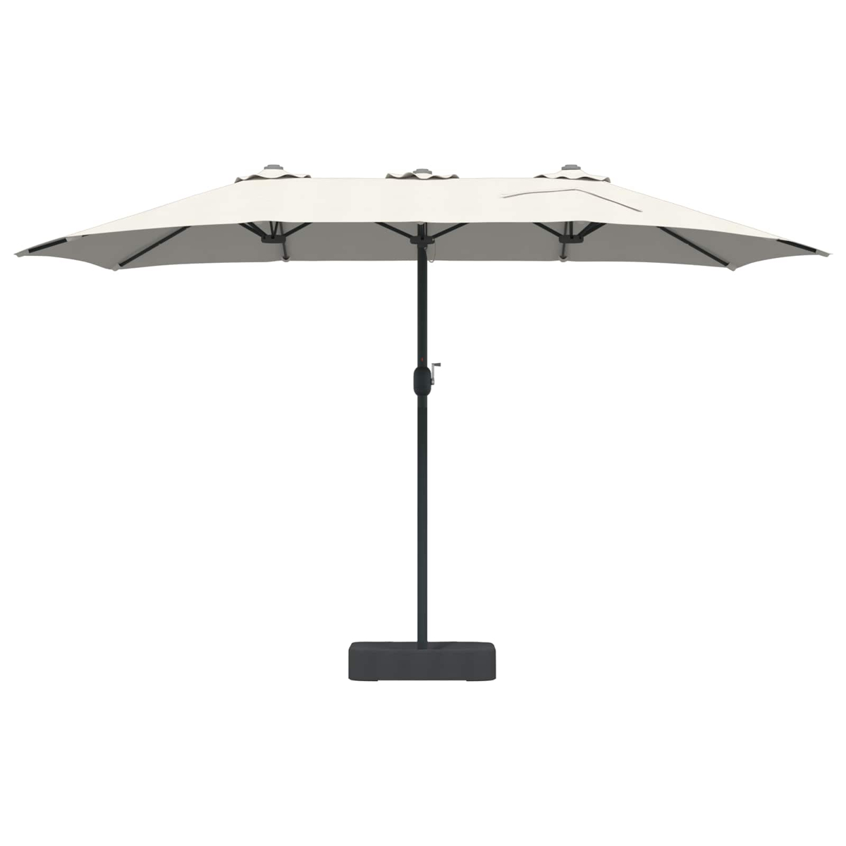 Un grande ombrellone rettangolare beige con palo e base neri, su sfondo bianco.