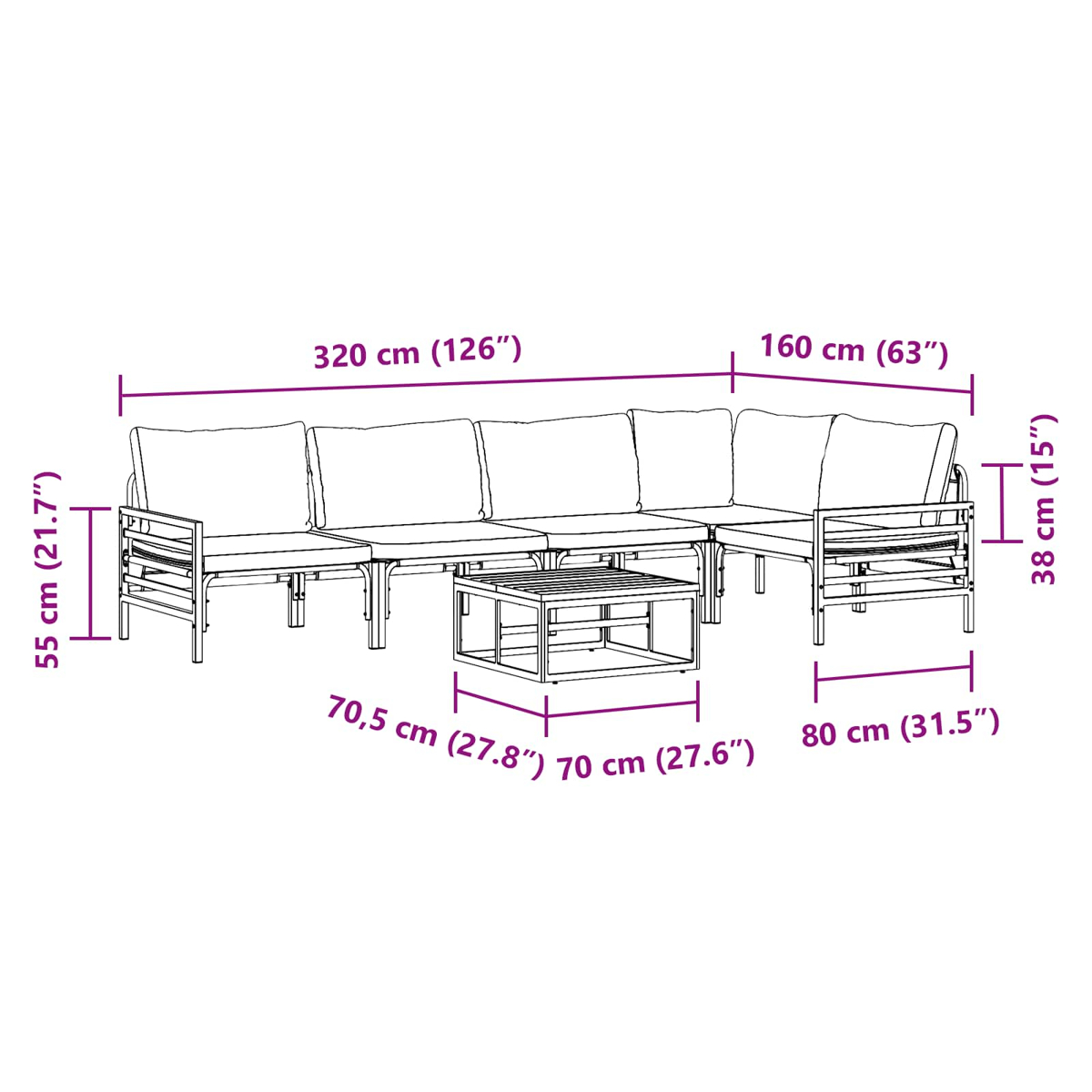 Diagramm eines Outdoor-Ecksofas und eines Couchtisches. Die Maße sind in cm und Zoll für jedes Stück angegeben.