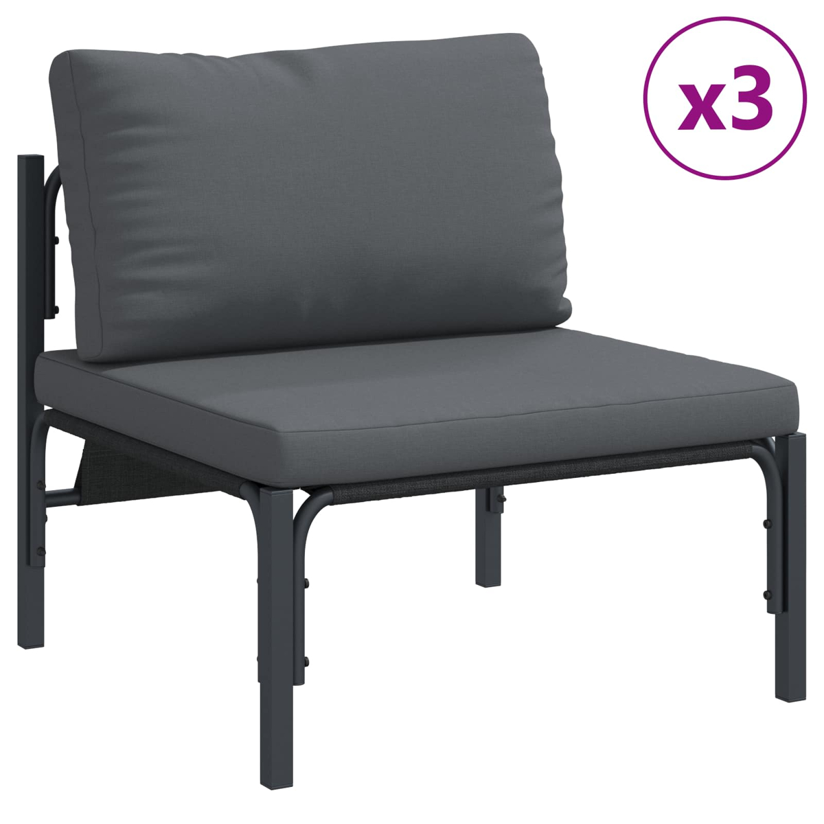Ein grauer Outdoor-Stuhl mit Kissen und Rückenlehne. Das Gestell ist dunkelgrau. Oben rechts ein lila Kreis mit 'x3'.