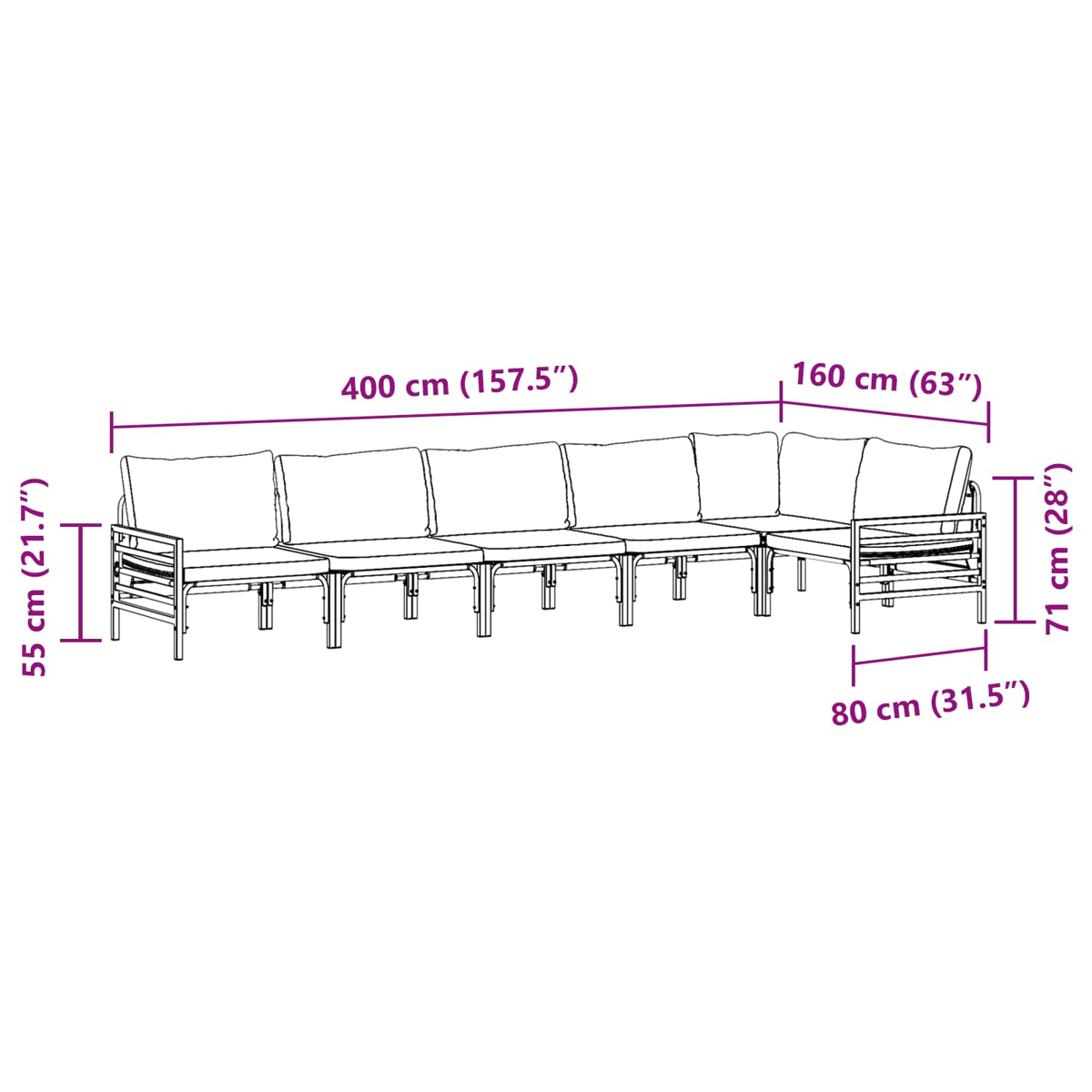 Diagramm eines Outdoor-Ecksofas. Abmessungen sind beschriftet: 400 cm, 160 cm, 80 cm, 55 cm und 71 cm.