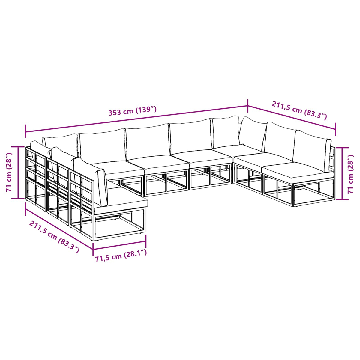U-förmiges Outdoor-Sofa mit weißen Kissen. Abmessungen sind auf dem Bild angegeben. Der Rahmen ist aus Metall.