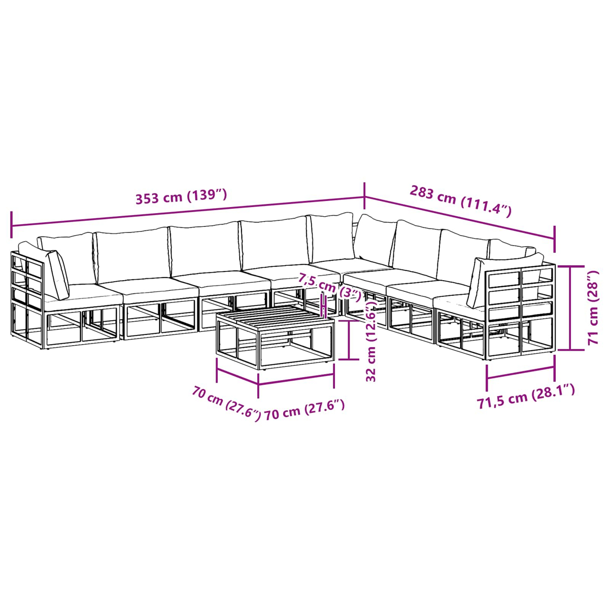 Schema di un divano componibile e di un tavolino. Le dimensioni in cm e pollici sono indicate.