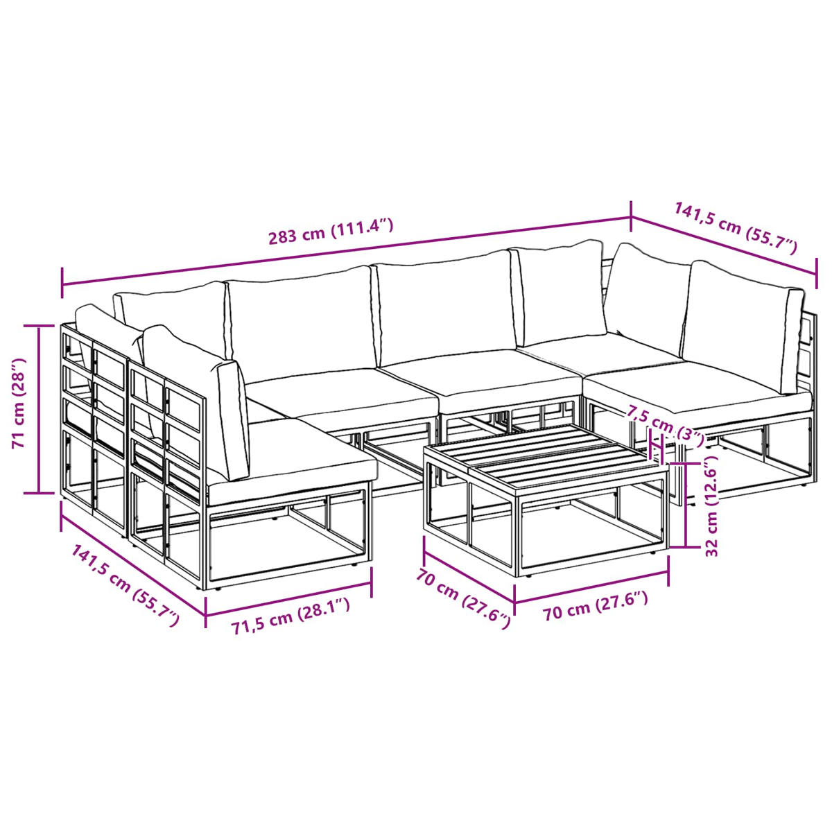 Ein Ecksofa und ein quadratischer Couchtisch im Freien. Abmessungen sind in cm und Zoll angegeben. Die Möbel sind weiß.