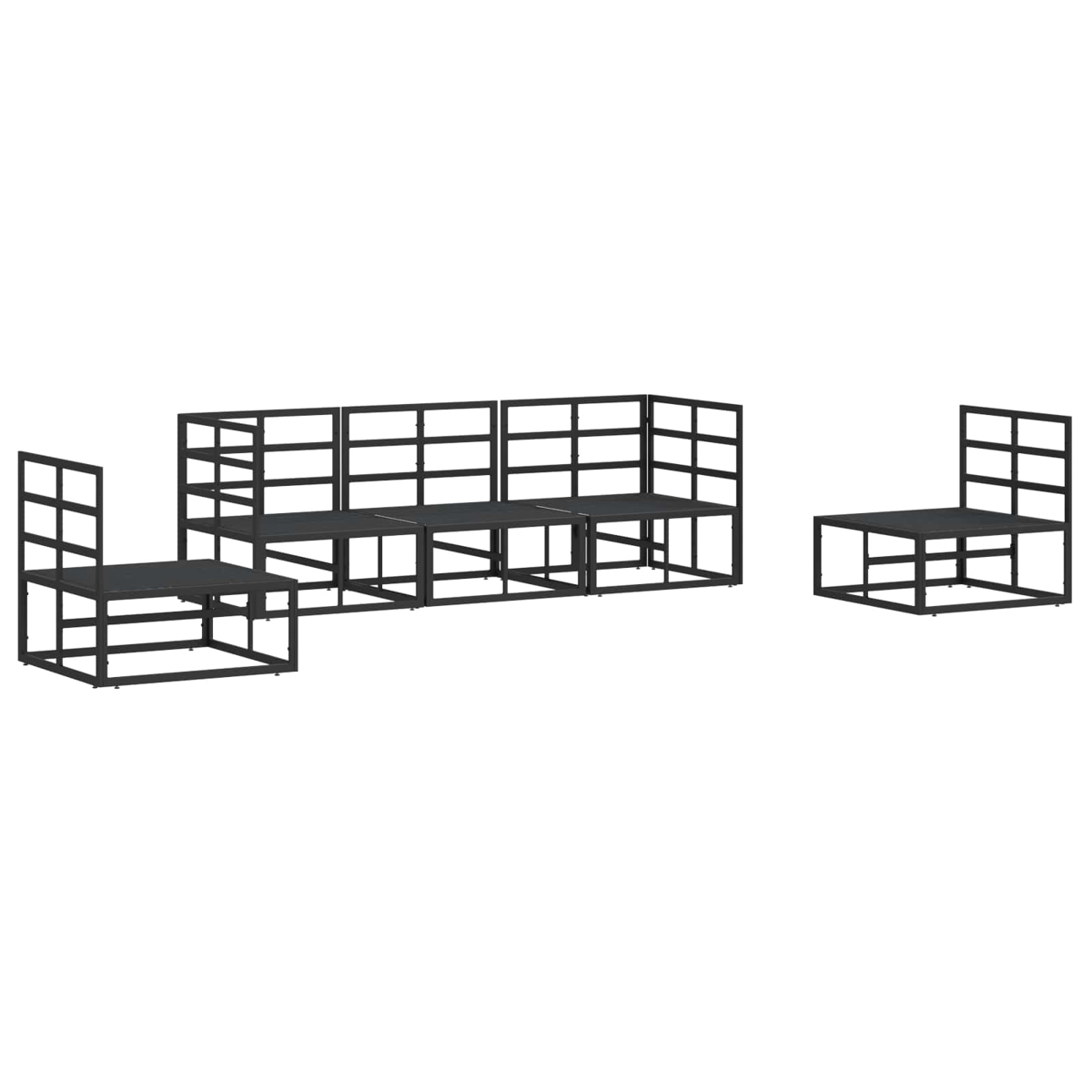 Set di mobili da esterno in metallo nero. Include un divano, una sedia e un piccolo sedile a forma di tavolo, tutti con design a griglia.