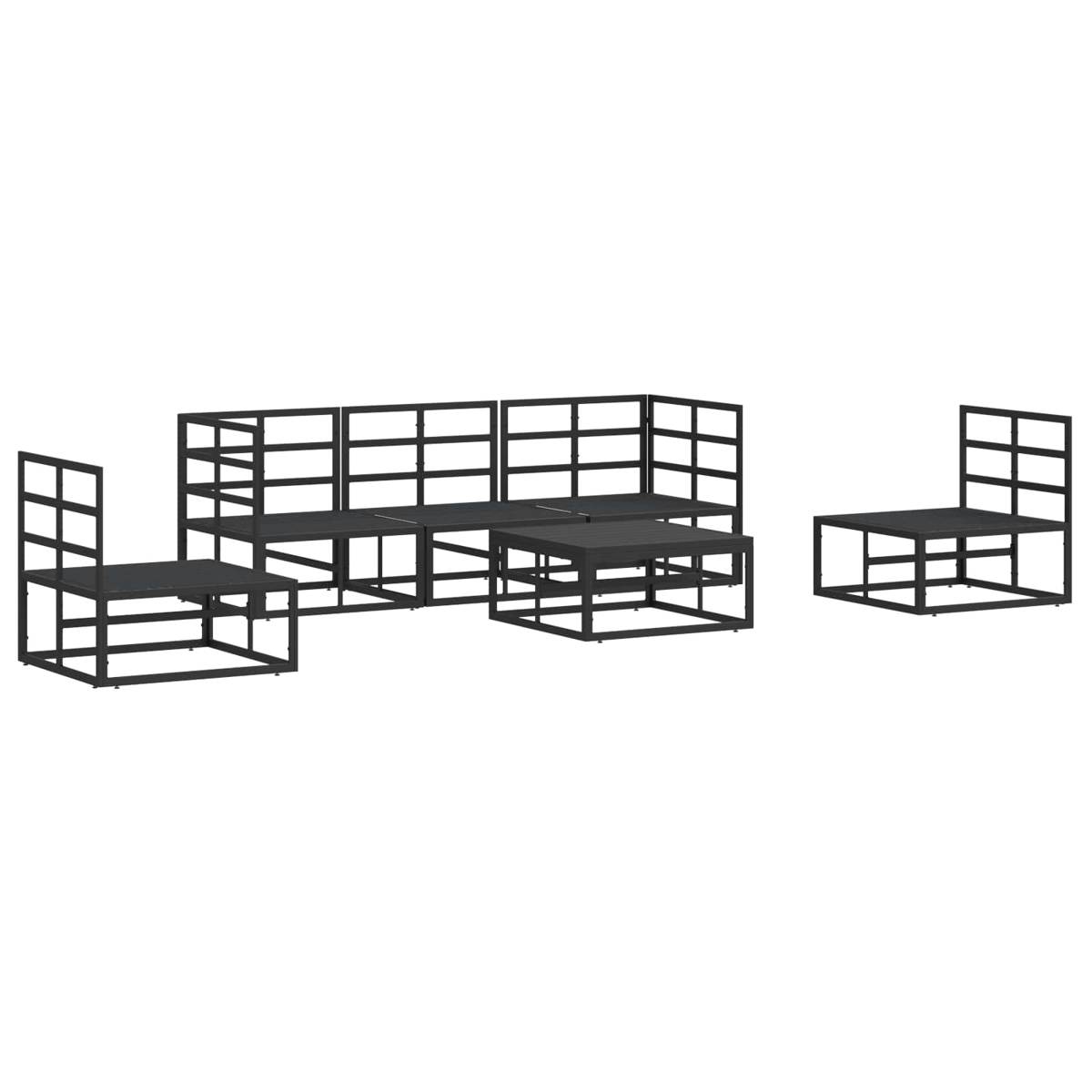 Un set di mobili da esterno in metallo nero, tra cui un divano, due sedie e un tavolino, tutti con design a griglia.