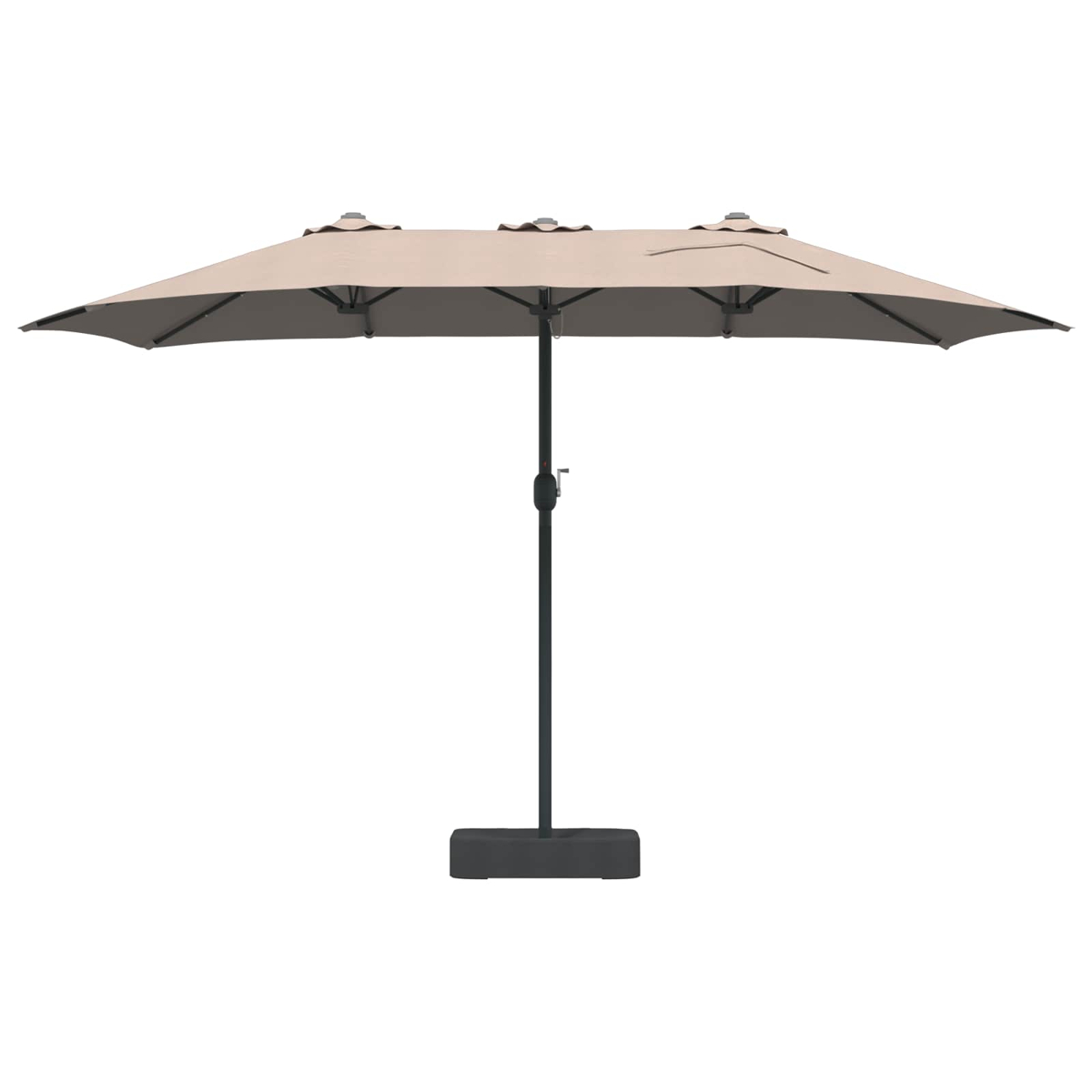 Un ombrellone da patio rettangolare beige con palo e base neri su sfondo bianco.
