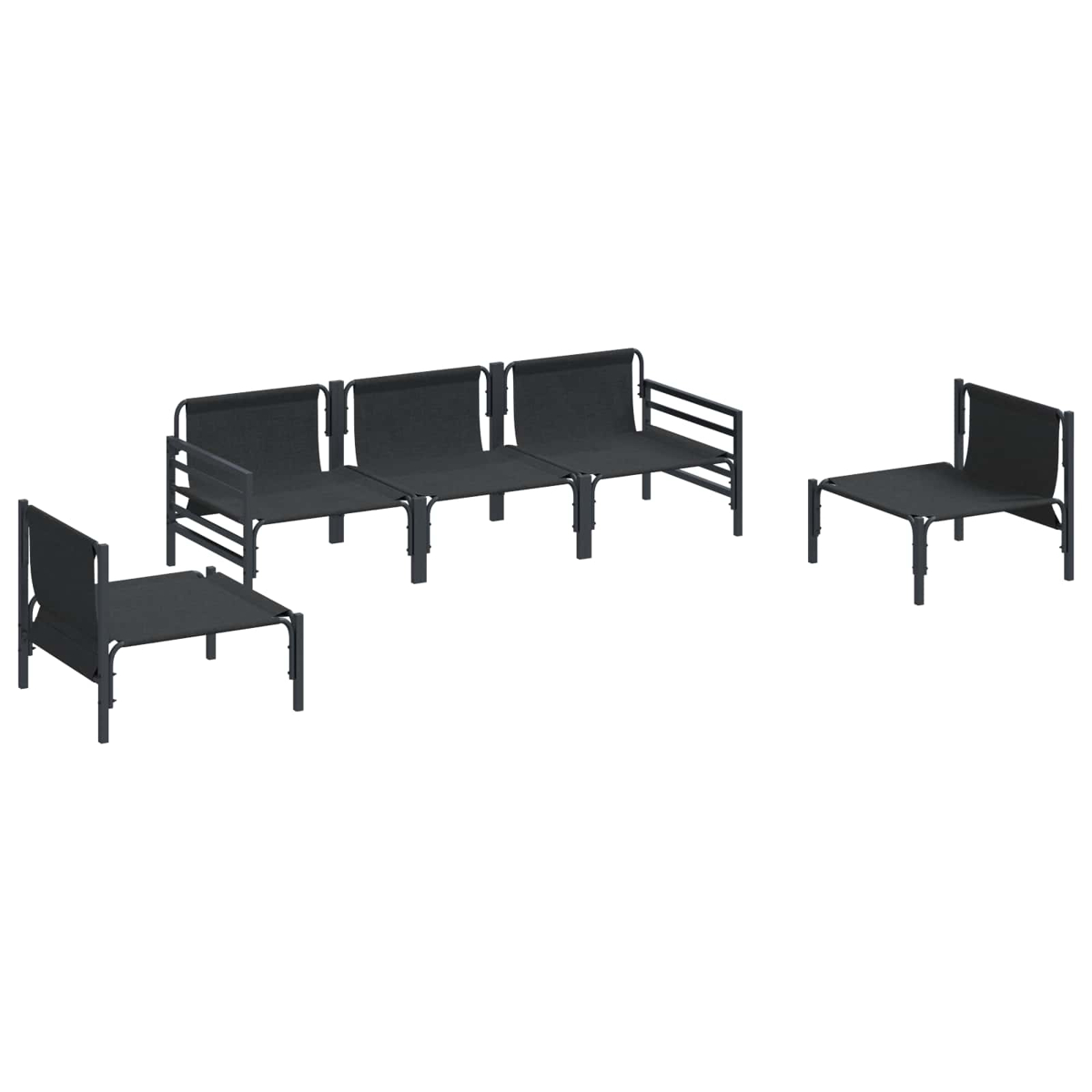 Vier schwarze Outdoor-Stühle und eine Bank auf weißem Hintergrund. Stühle haben schwarze Rahmen und Stoffsitze. Ein Stuhl ist isoliert.