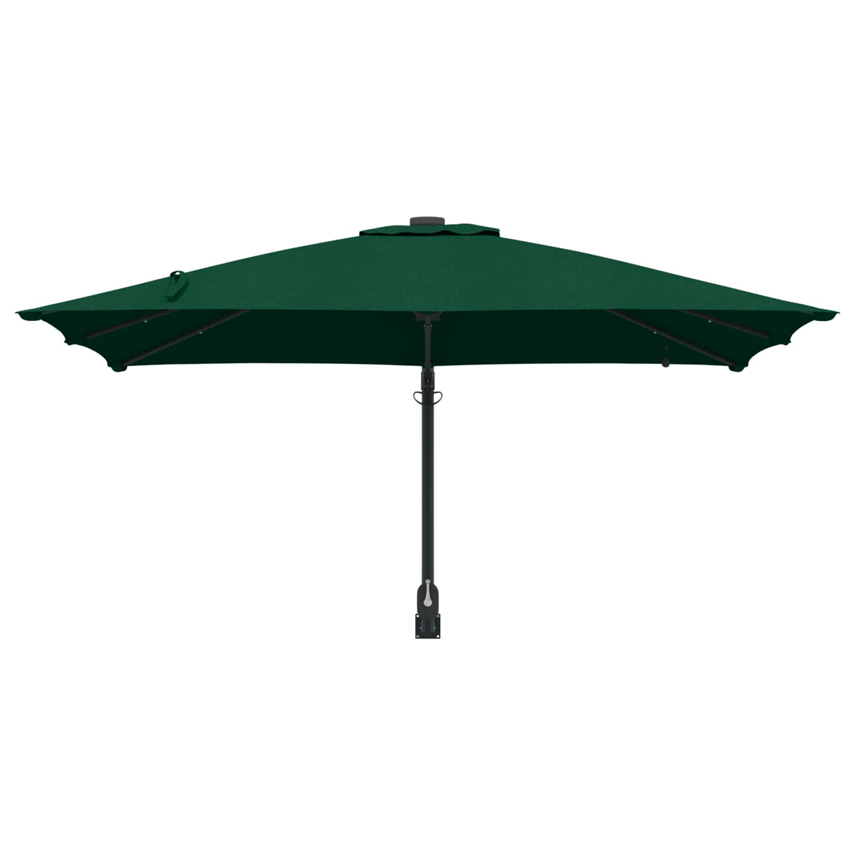 Un ombrellone verde rettangolare centrato su sfondo bianco. Ha un palo e un telaio neri.