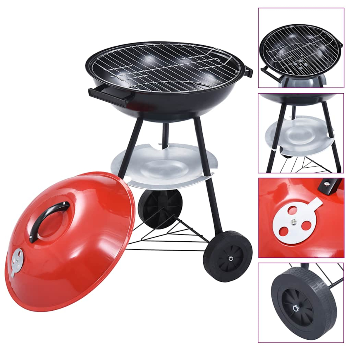 Un barbecue rosso e nero con coperchio, griglia e ruote. Include viste dettagliate di griglia, coperchio e ruota.