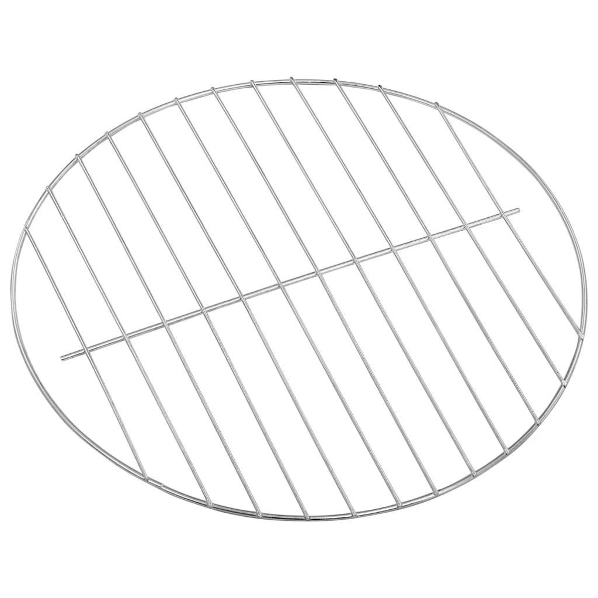 Una griglia metallica circolare con barre parallele, su sfondo bianco. La griglia è progettata per cucinare cibo.