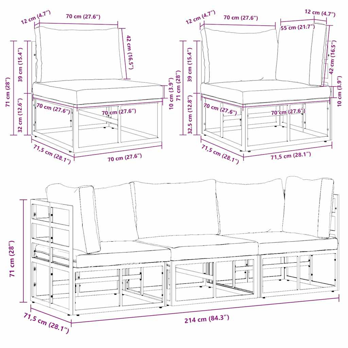 Diagramma di un set di divani con dimensioni in cm e pollici. Include due sedie singole e una sezione a tre posti più grande.