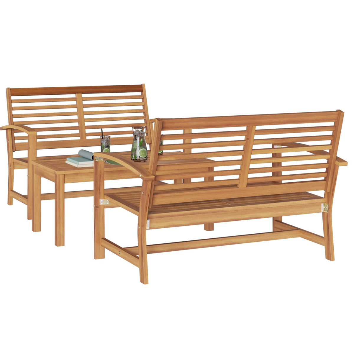 Holzbank-Set mit kleinem Tisch, Getränken und einem Buch. Das Set besteht aus hellbraunem Holz, auf weißem Hintergrund.