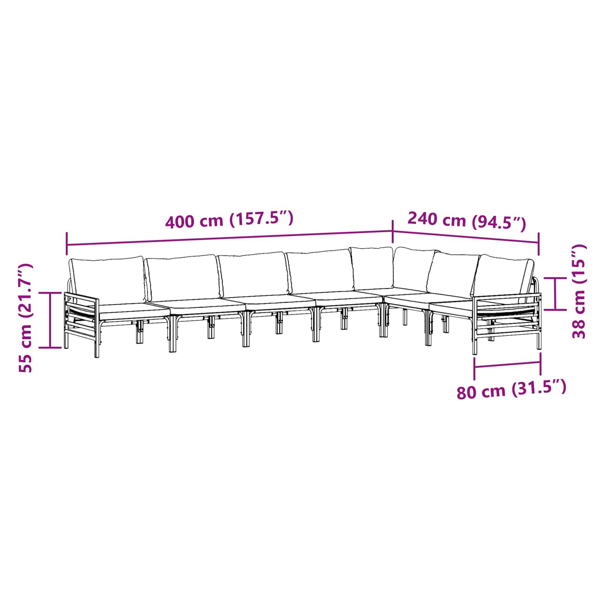 Diagramm eines L-förmigen Outdoor-Sofas mit Abmessungen in cm und Zoll. Das Sofa ist weiß, mit mehreren Abschnitten und Kissen.