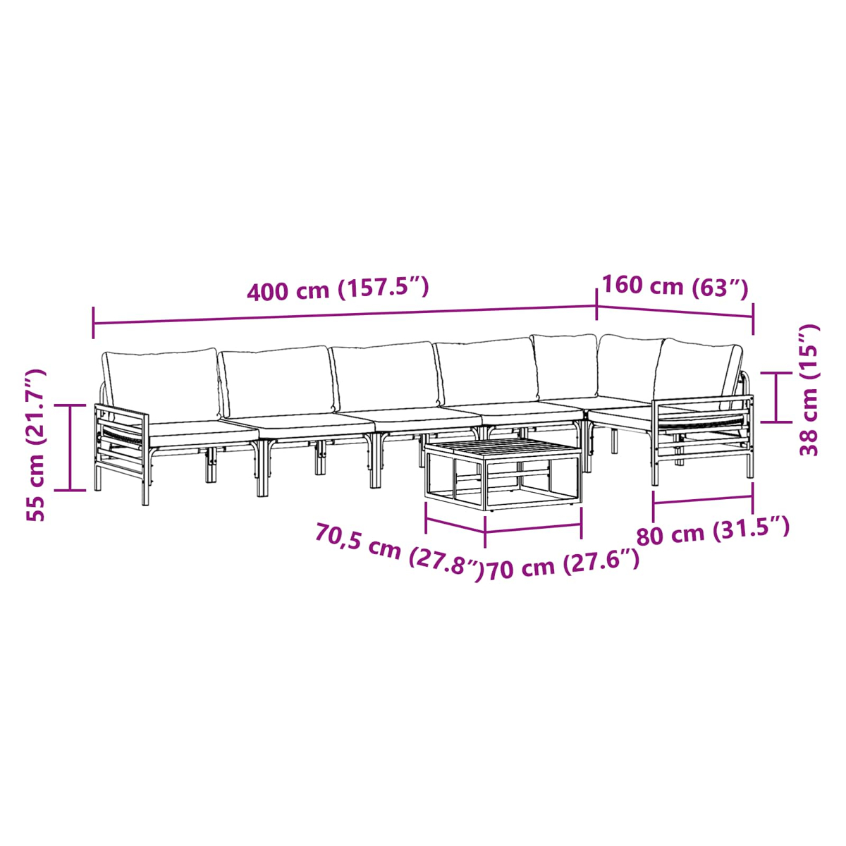 Diagramm eines Outdoor-Ecksofas mit Abmessungen in cm und Zoll. Beinhaltet das Sofa und einen kleinen Couchtisch.