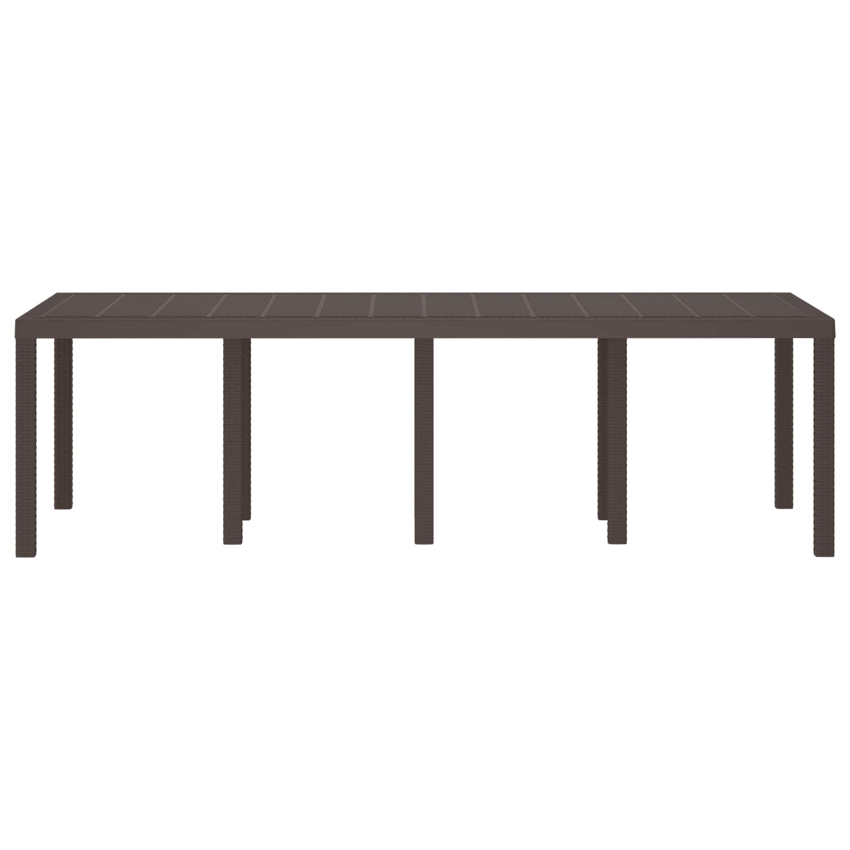 Una mesa rectangular larga, marrón, con tapa de listones y seis patas, sobre un fondo blanco.