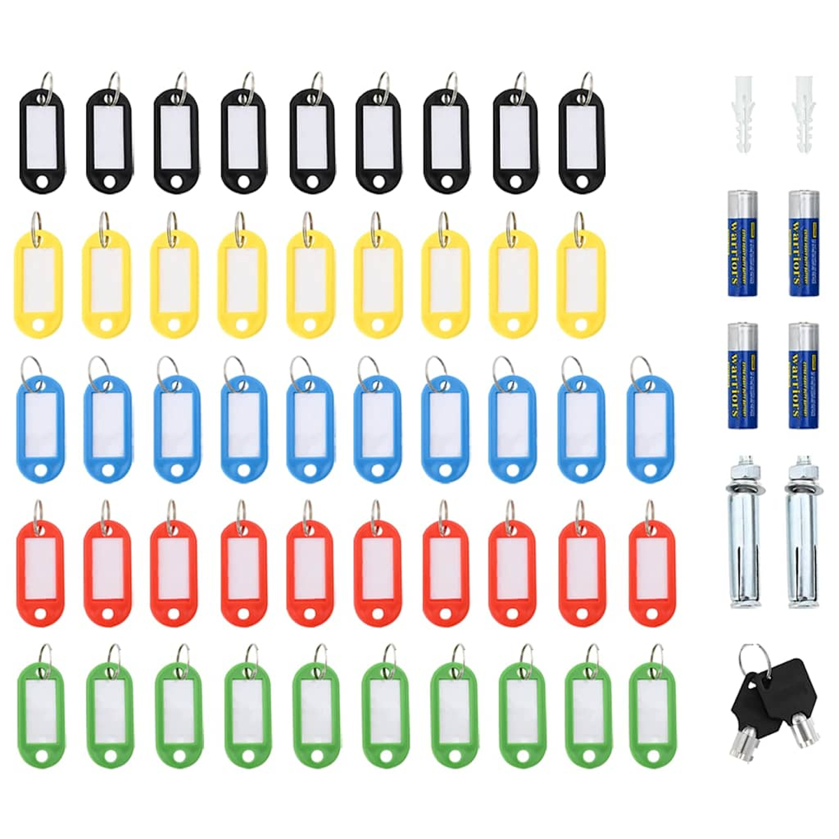 Schlüsselanhänger in Schwarz, Gelb, Blau, Rot und Grün. Auch Batterien, Schrauben und Schlüssel sind sichtbar.