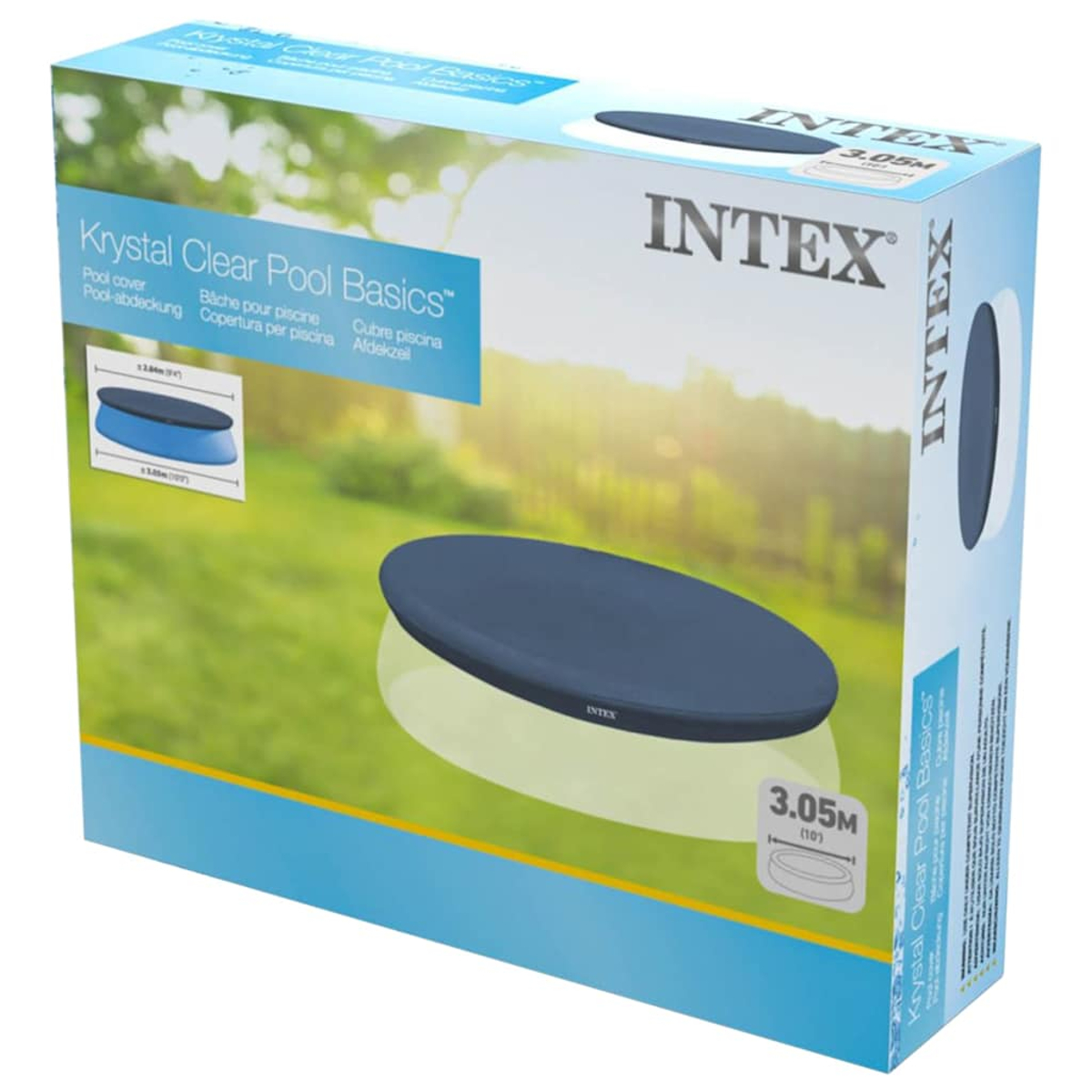 Karton von Intex Krystal Clear Pool Basics mit einer Illustration einer blauen Poolabdeckung. Die Box steht auf grünem Gras.