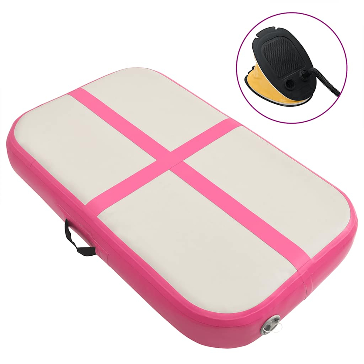 Eine aufblasbare, rechteckige Gymnastikmatte in Pink und Weiß mit einem pinkfarbenen Kreuzdesign. Oben rechts ist eine gelbe Fußpumpe zu sehen.