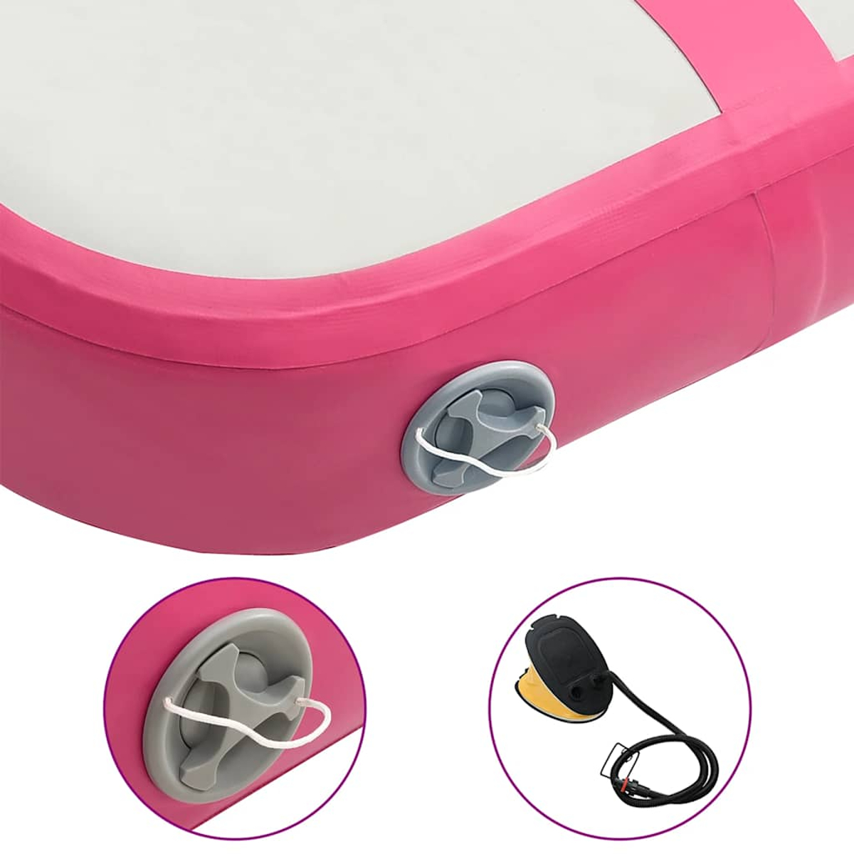 Nahaufnahme einer pinken aufblasbaren Matte mit grauem Ventil und Pumpe. Weiße und pinke Farben. Detailaufnahmen fokussieren sich auf Ventil und Pumpe.