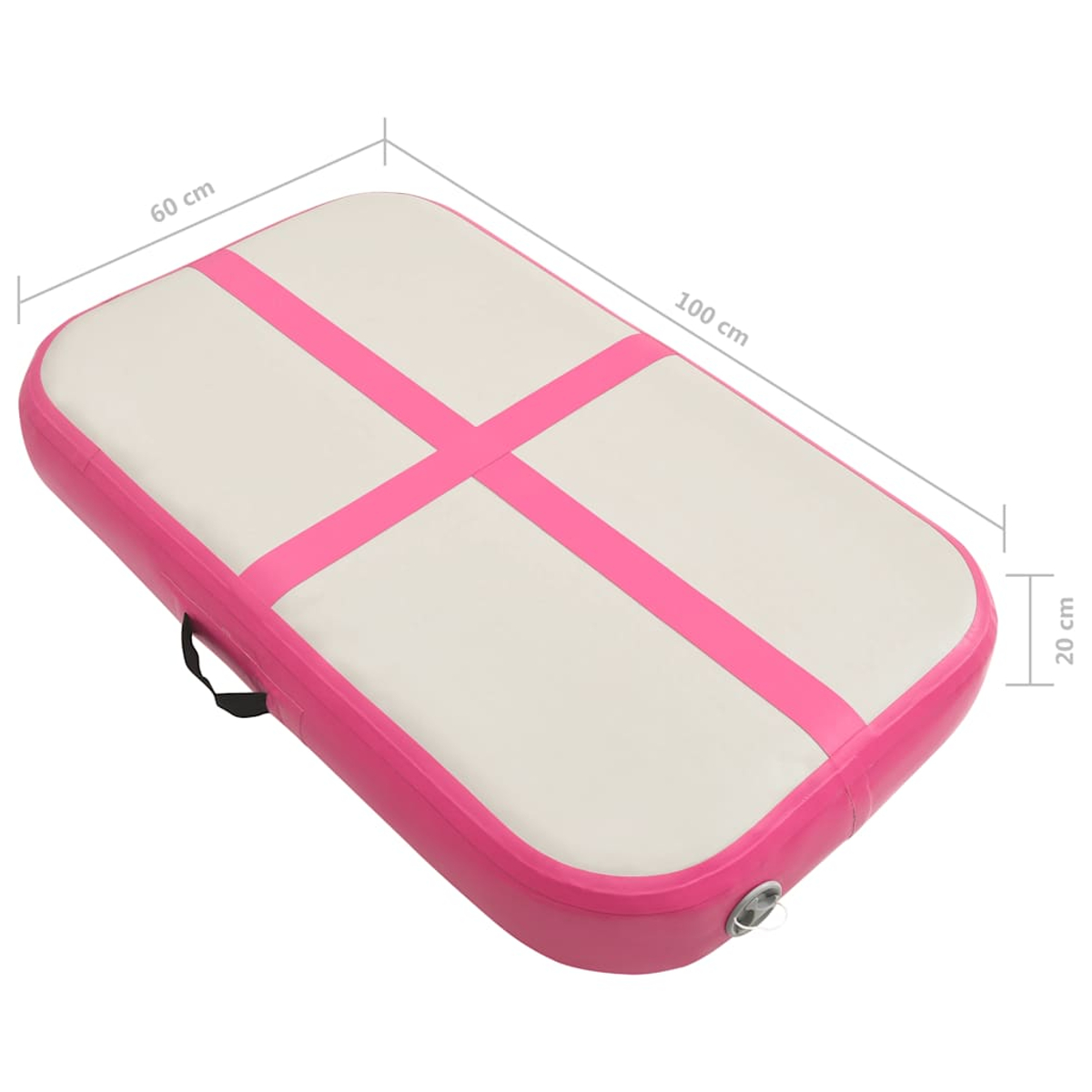 Eine rechteckige, aufblasbare Gymnastikmatte in Pink und Weiß. Sie hat rosa Streifen und die Maße sind angegeben. Ein schwarzer Griff ist sichtbar.